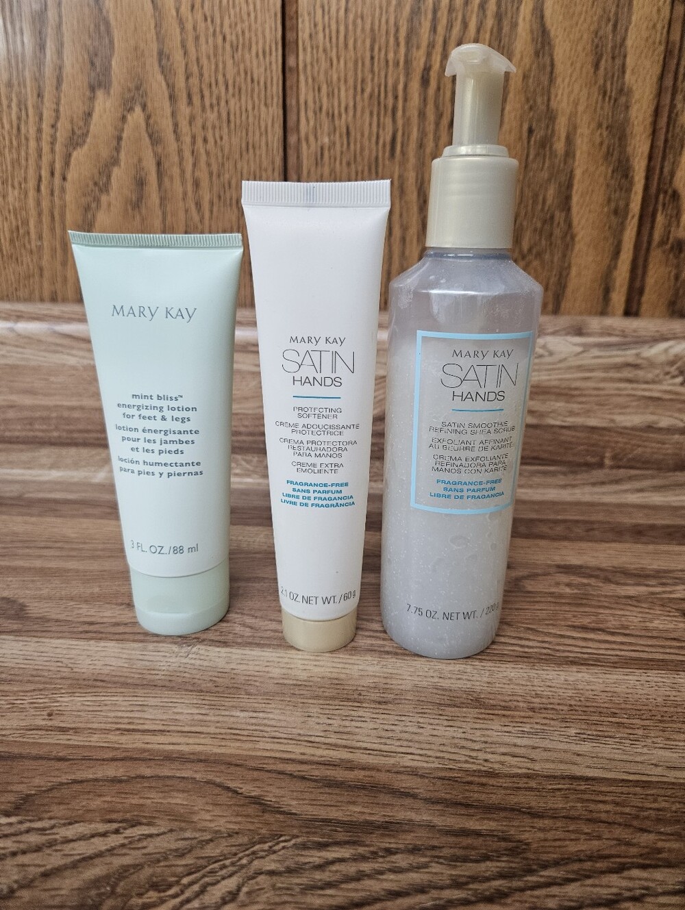 Mary Kay Satin Hands Trio in Light Green, White, and Pale Gold Accents